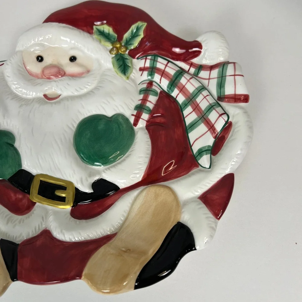 Fritz and Floyd Santa Plate‎ Christmas Holiday Decor Plaid Scarf Ceramic Dish